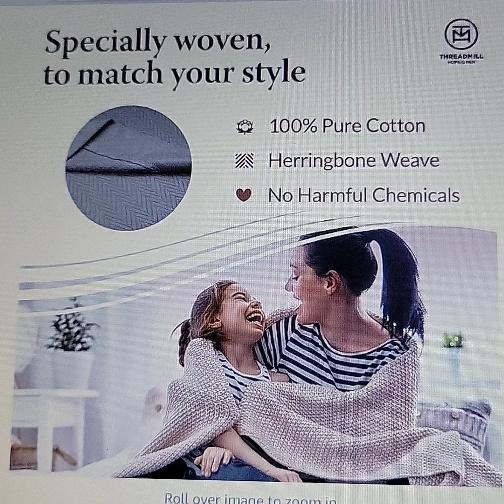 Threadmill light gray Queen luxury 100% cotton blanket coverlet All Season New